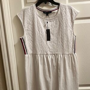 Tommy Hilfiger White Eyelet Cotton Drop-Waist Dress with Signature Stripe